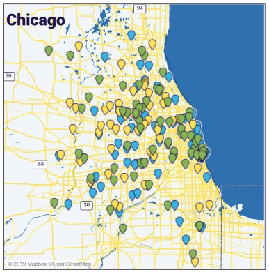 A map showing pinned locations of installers, manufacturers, and other solar companies in Illinois 
