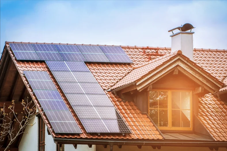 A residential house with installed solar photovoltaic panels