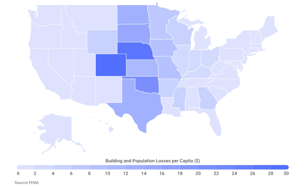 Map showing U.S. states with the highest expected hail damage losses per capita in 2022.