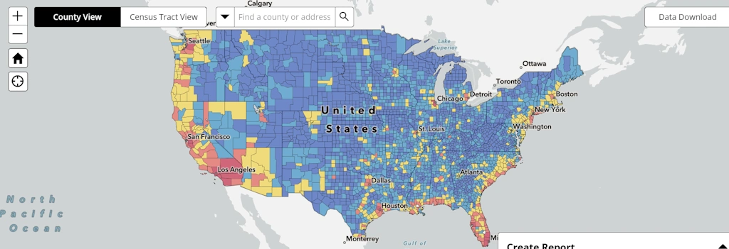 FEMA's web interface displaying a map depicting county-specific hail risk ratings.