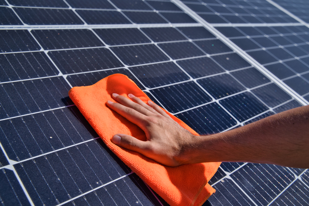 Cleaning solar panels with a rug