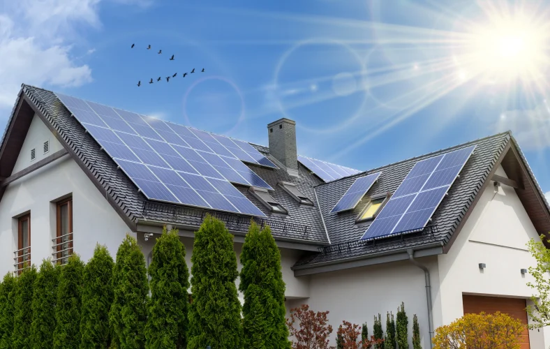 Solar panels installed on a roof of the house