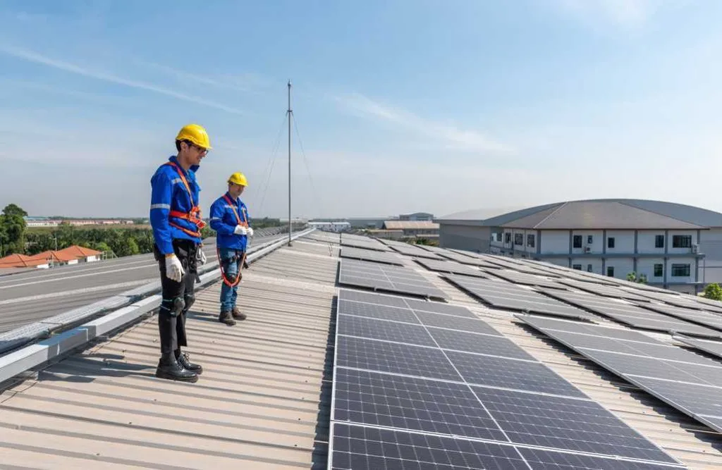 A couple of Engineering technicians installing alternative clean energy solar panels