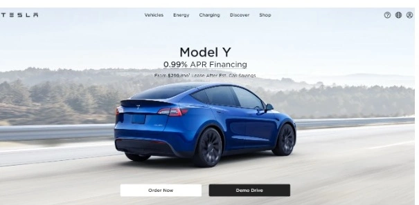 The homepage of the Tesla website