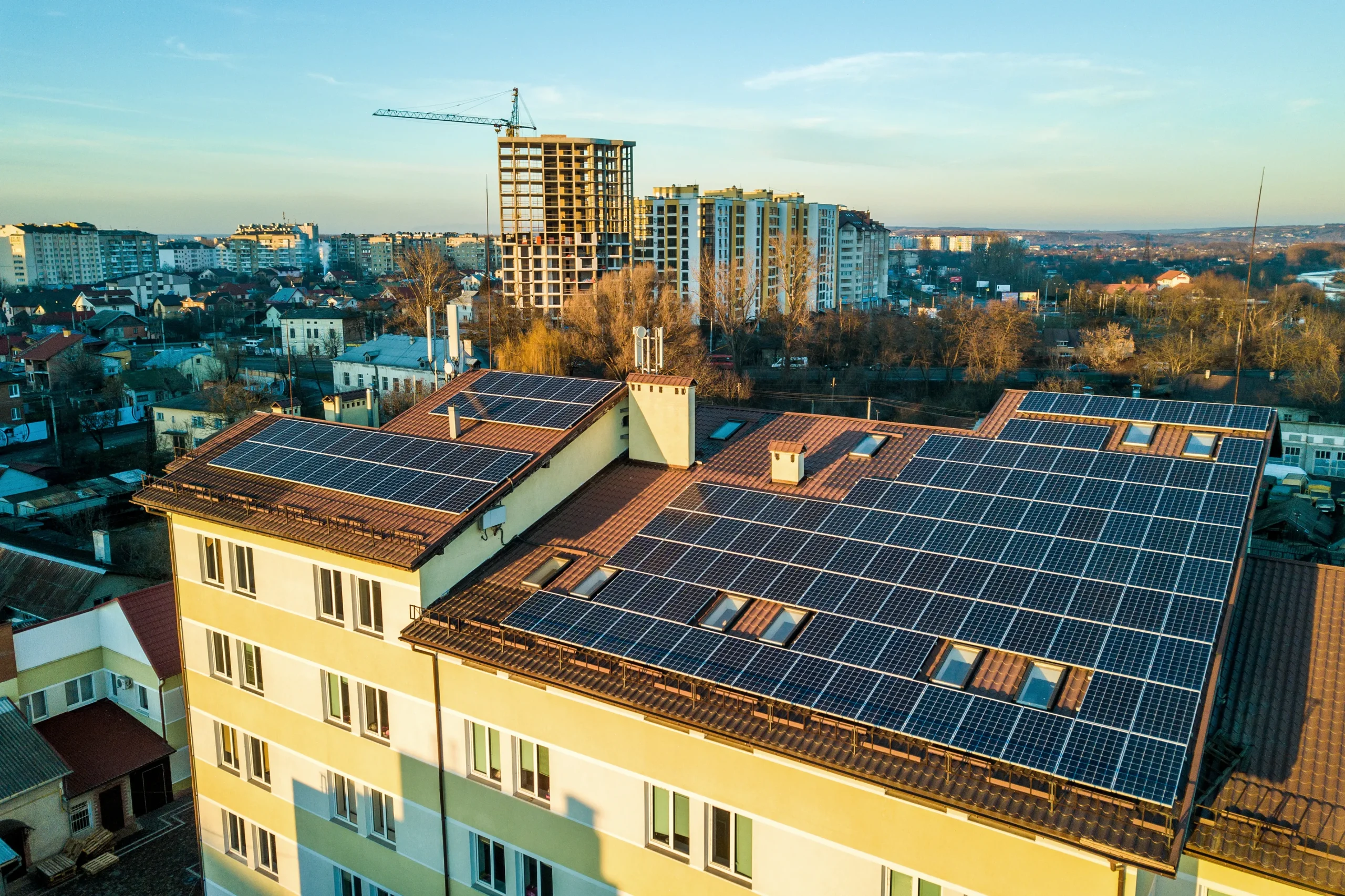 An aerial view of the solar panels installed on the the roof of the building