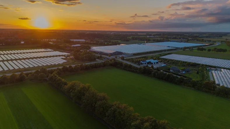 An aerial view of solar panels used for farms and agriculture