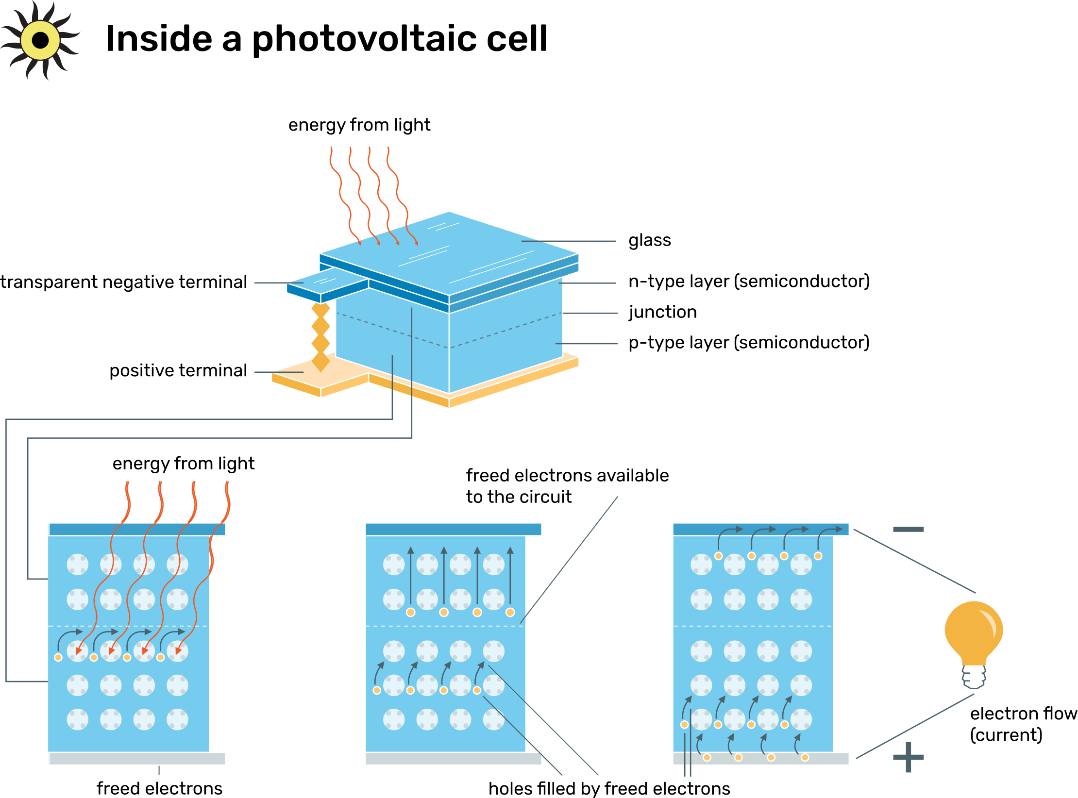 A graphic representation of the flow of electricity in a solar cell