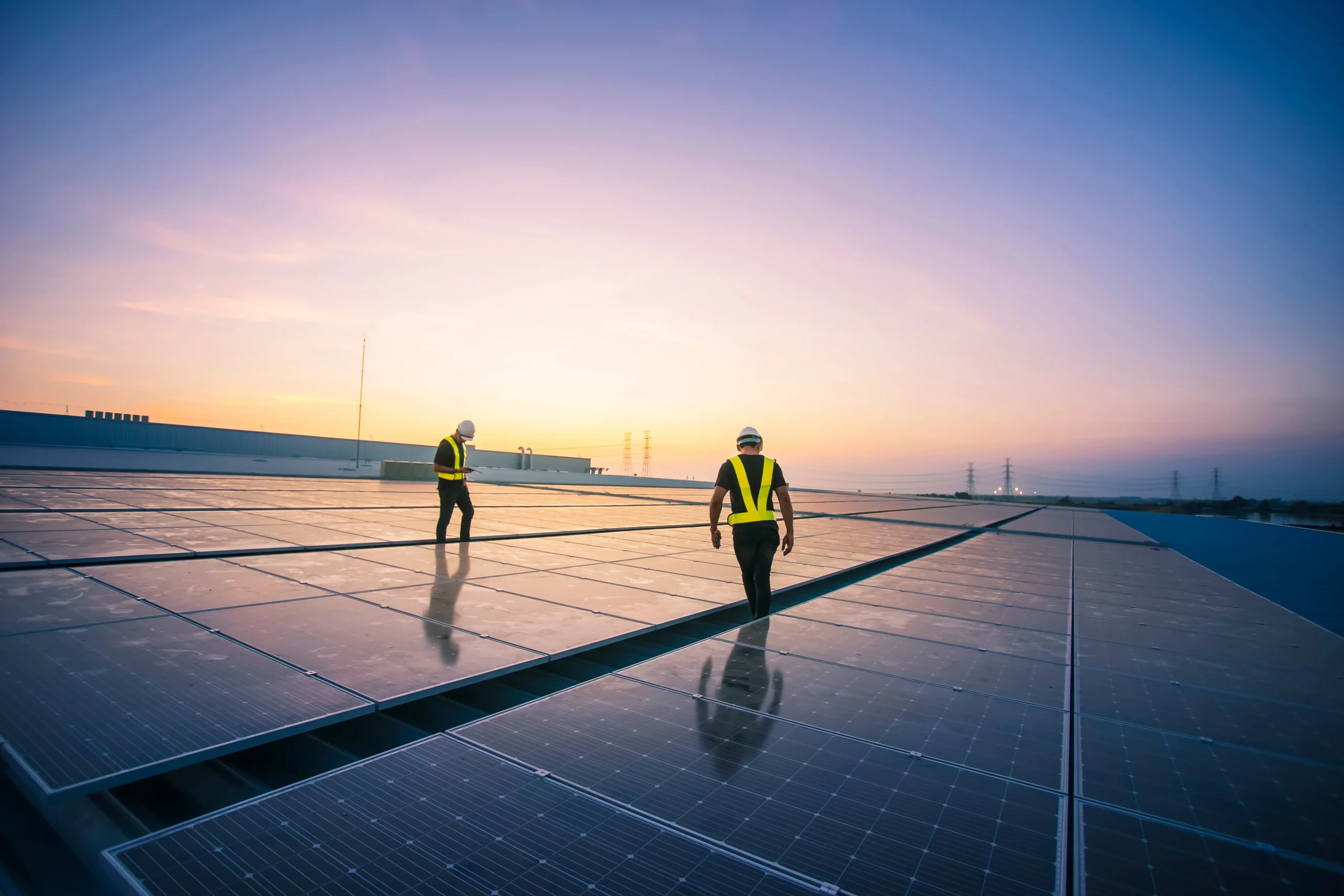 Engineers checking solar panels placed on the roof of the building