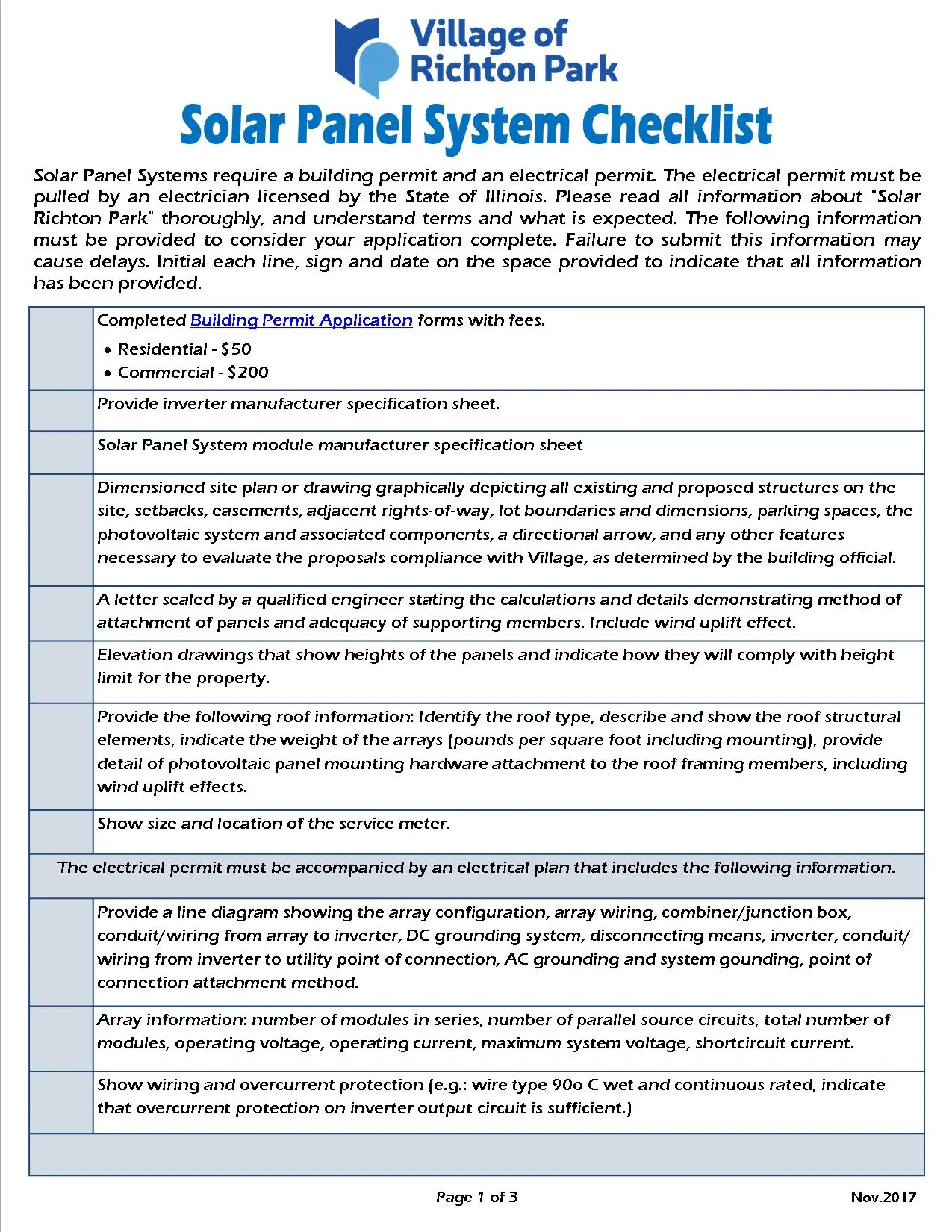 The example of solar panel system inspection checklist