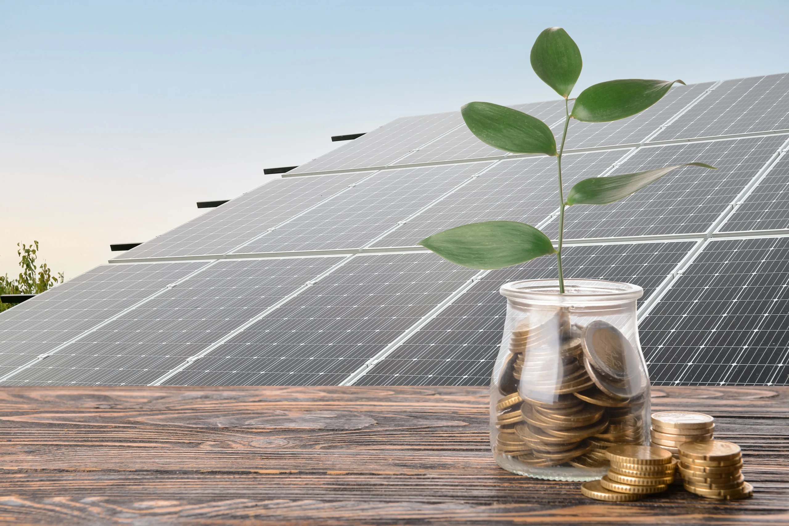 A jar filled with coins with the solar panels on the background