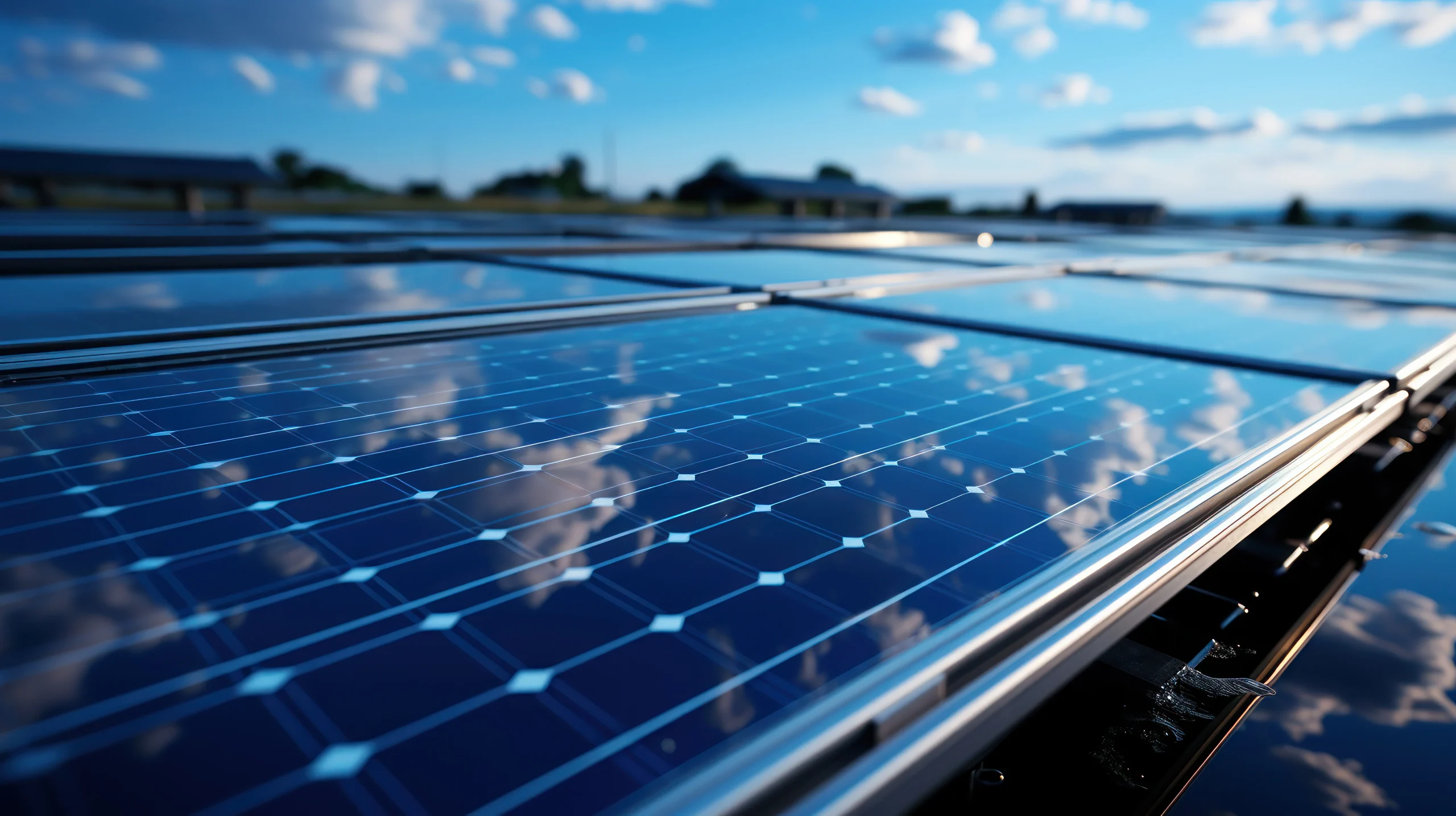 A close-up of photovoltaic solar panels under a blue sky.