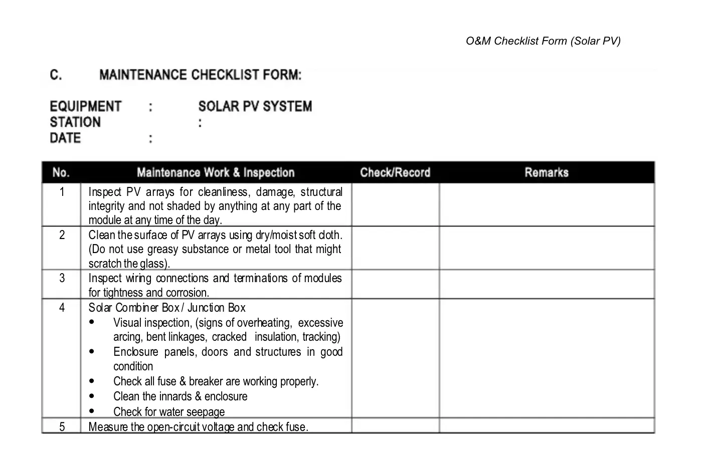 A solar maintenance checklist form