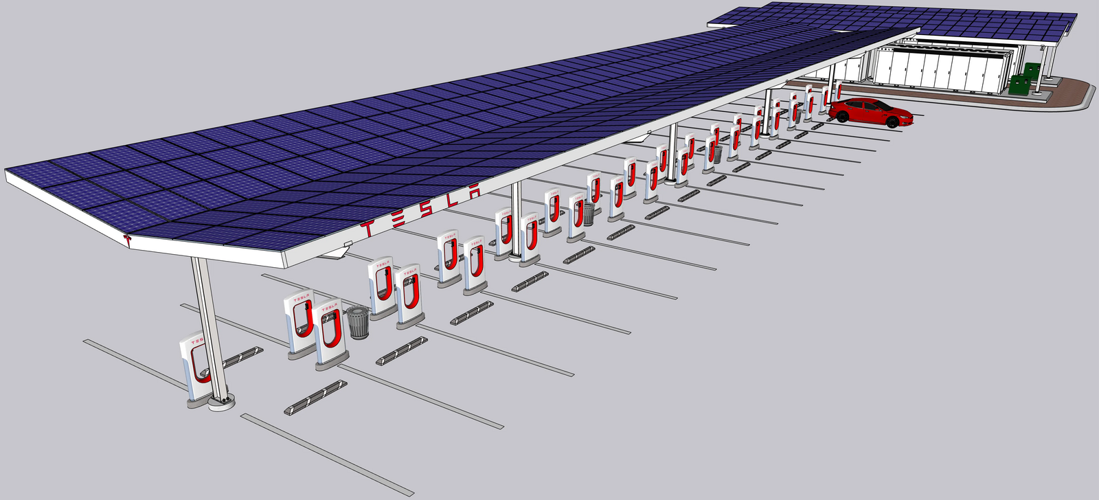 A graphic representation of Tesla Supercharger station with solar canopy