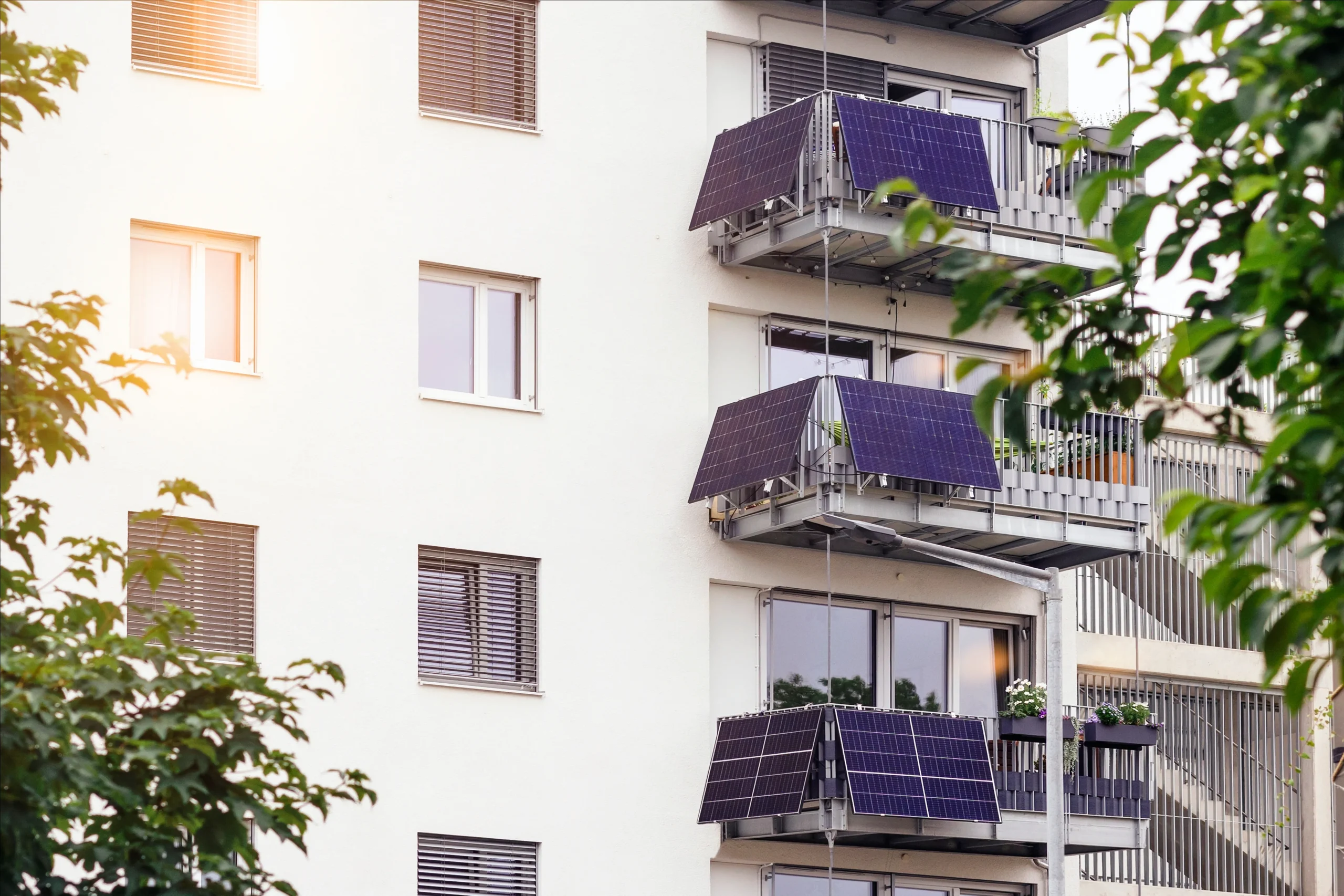 Solar panels on the balconies of a modern building