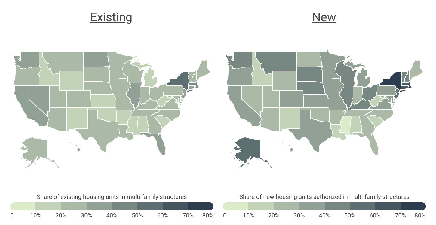 Map showing the distribution of apartment buildings in the U.S. by state