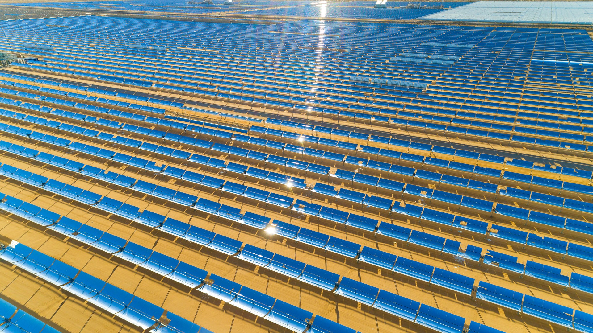 Aerial view of a solar farm producing clean, renewable solar energy