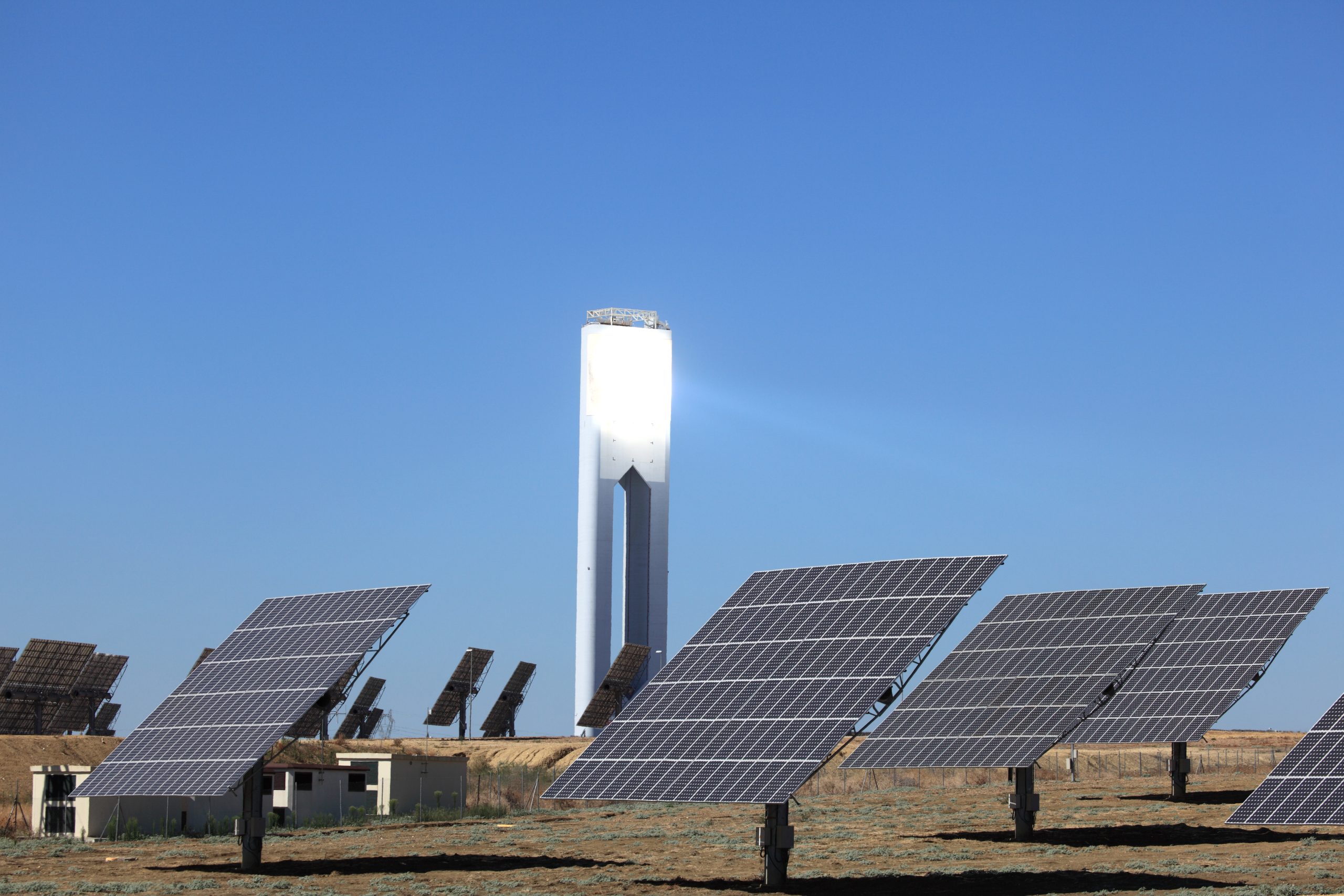 Photovoltaic panels and a tower of a solar power station