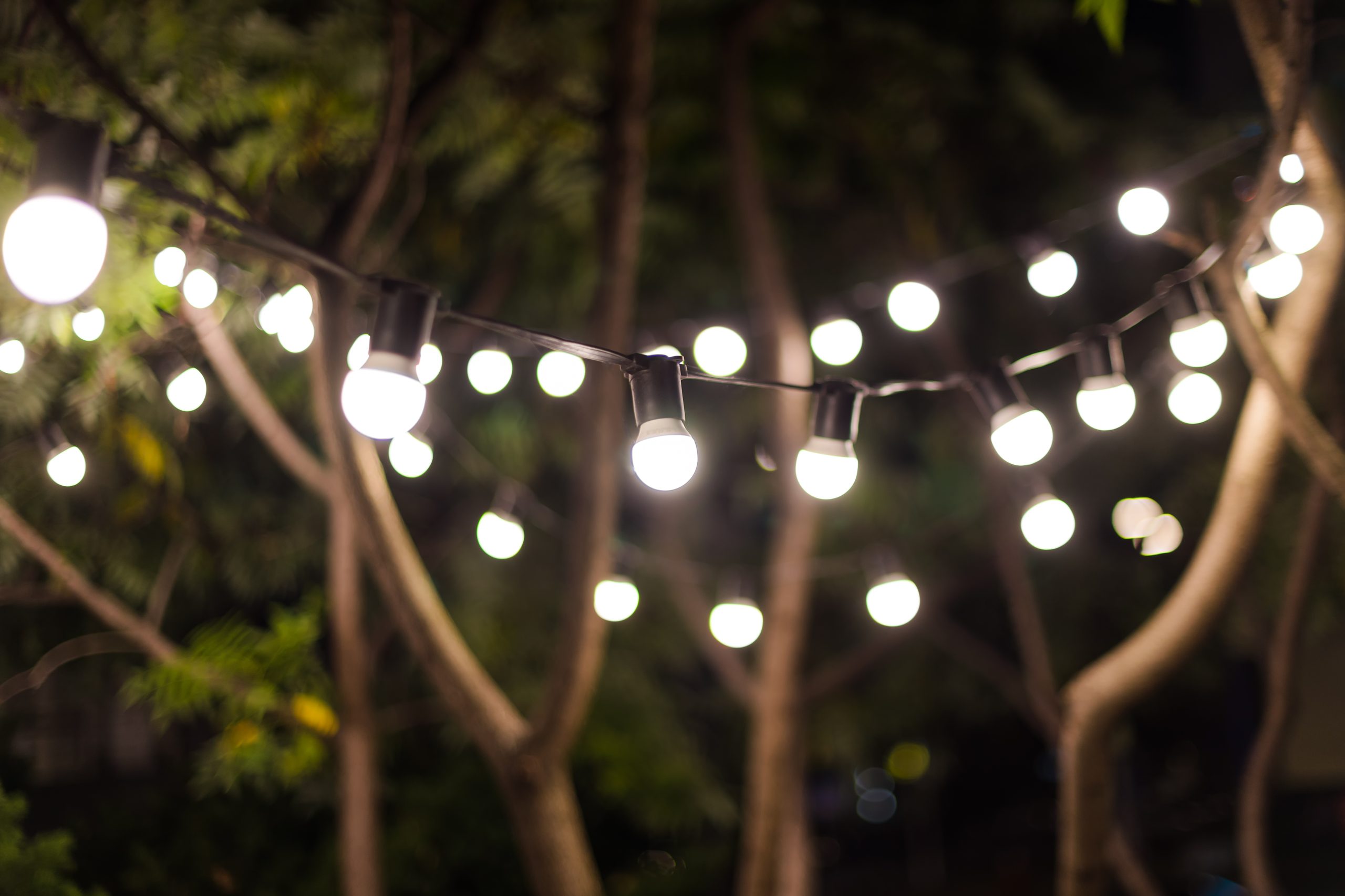Blurred background, solar light strings as the garden decoration for the terrace
