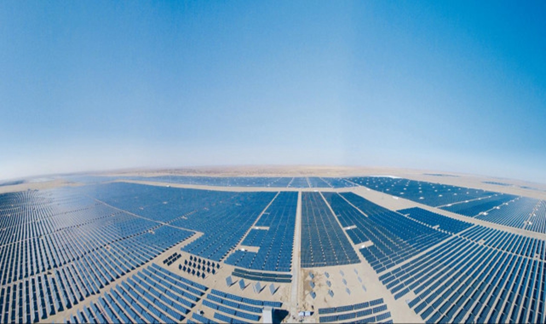 Aerial view of Gonghe Talatan Solar Park in China