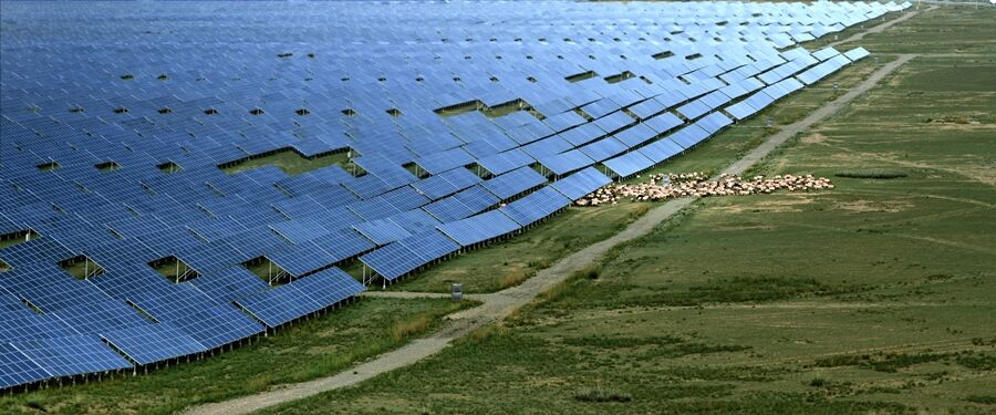 Aerial view of Huanghe Hydropower Golmud Solar Park in China
