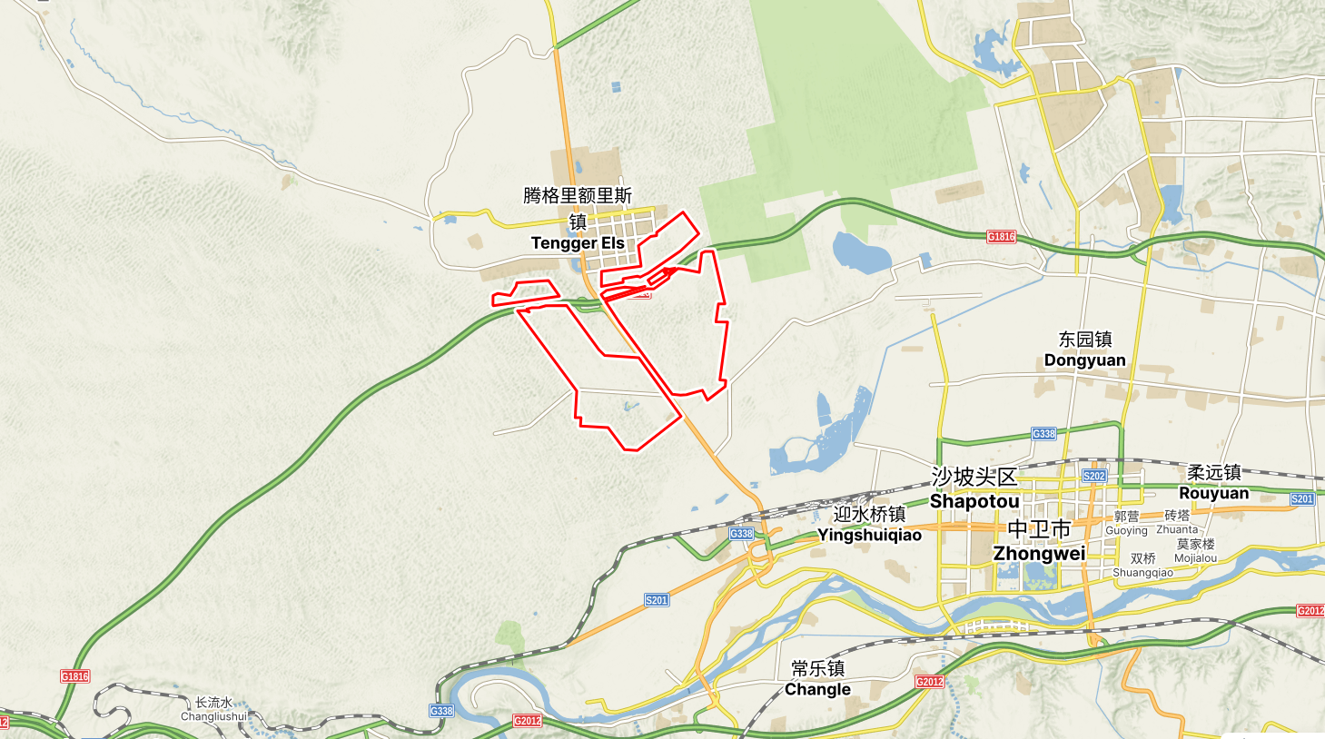 A map showing the location and size of Tengger Desert Solar Park in China