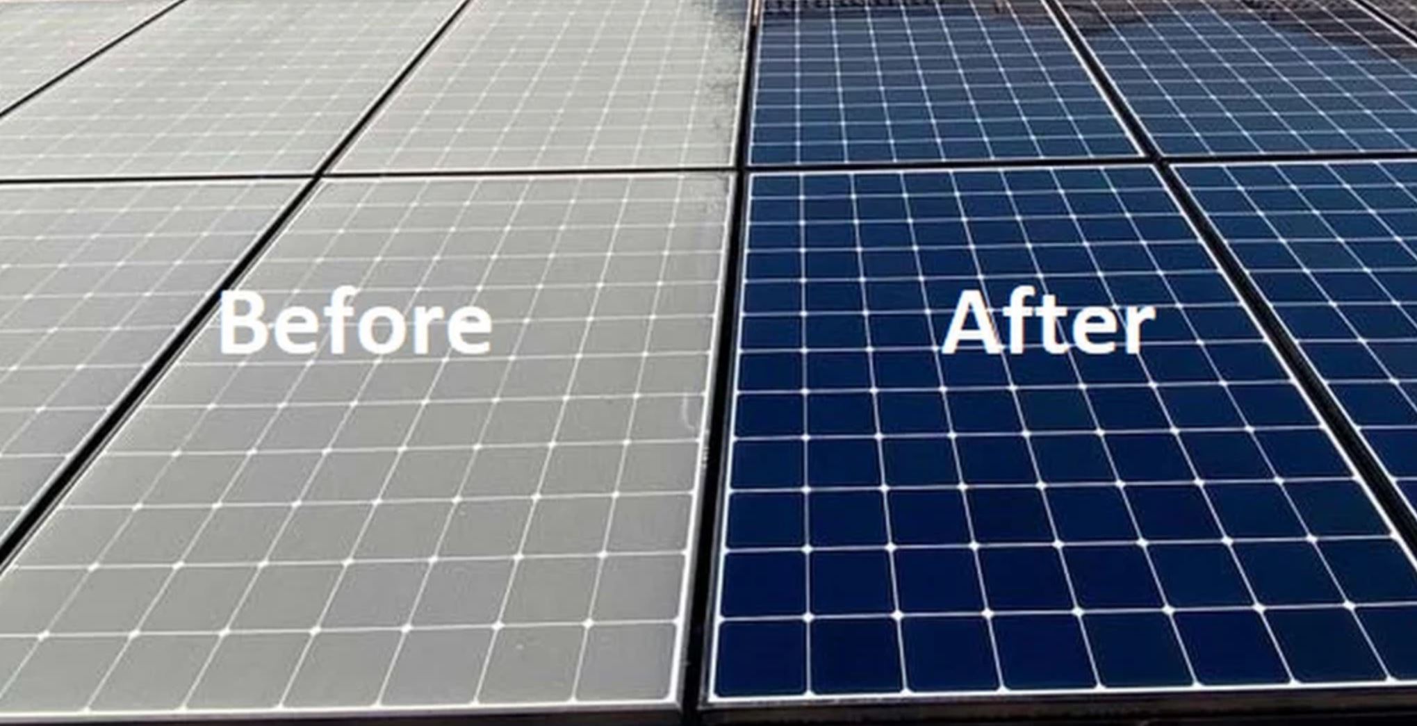 A photo of solar panels before and after cleaning, with the inscriptions "before" and "after" in the middle.