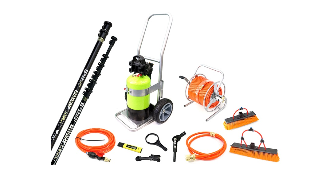 An image of solar panel professional cleaning equipment showing DI system, carbon fibre pole, brush, hose, TDS meter, and angle adapter.