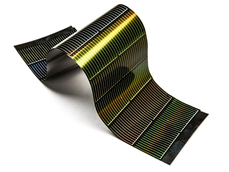 Flexible monocrystalline solar panel bent to demonstrate its ability to adapt to curved surfaces while maintaining efficiency