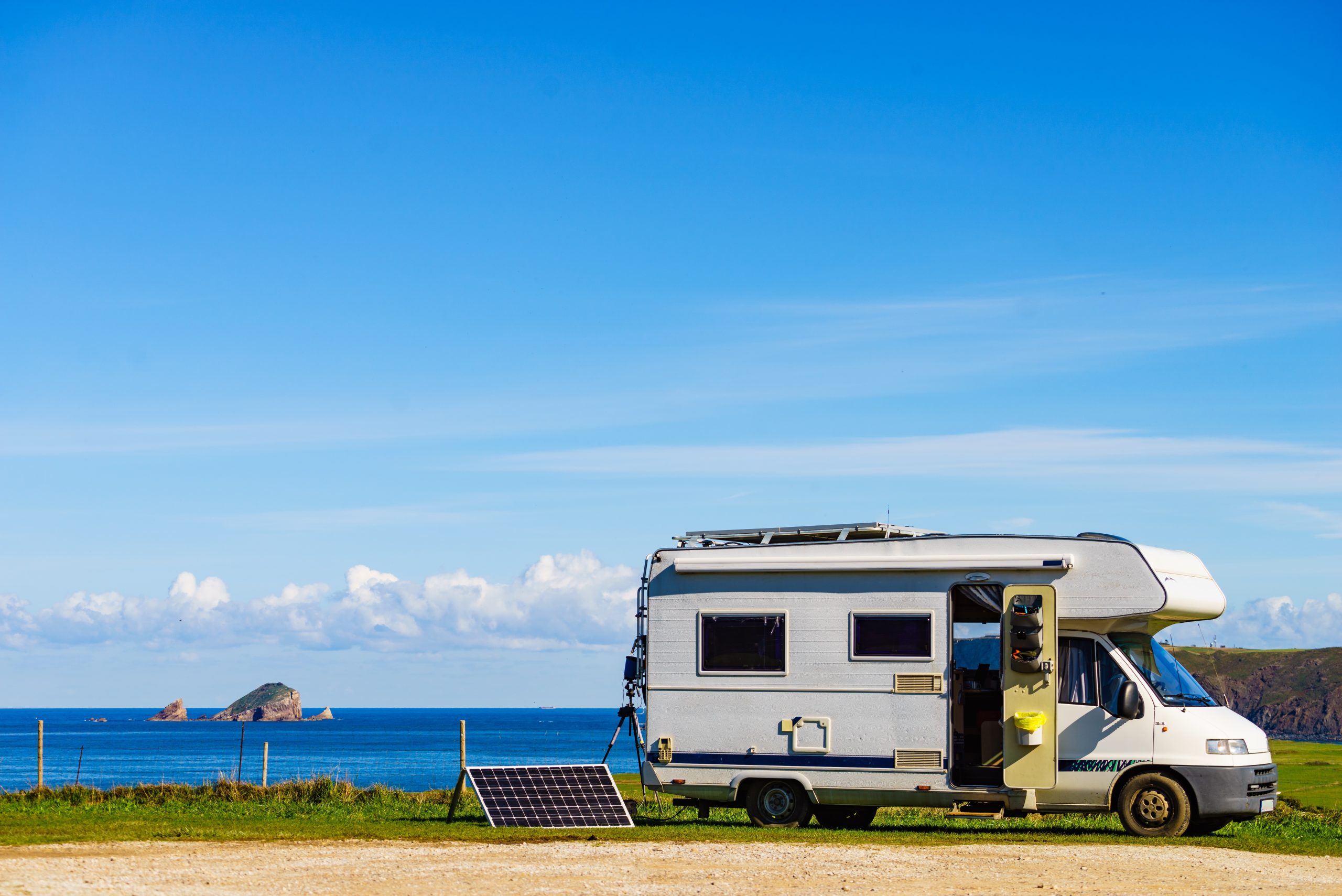 Portable solar panel used with an RV for off-grid energy while travelling.