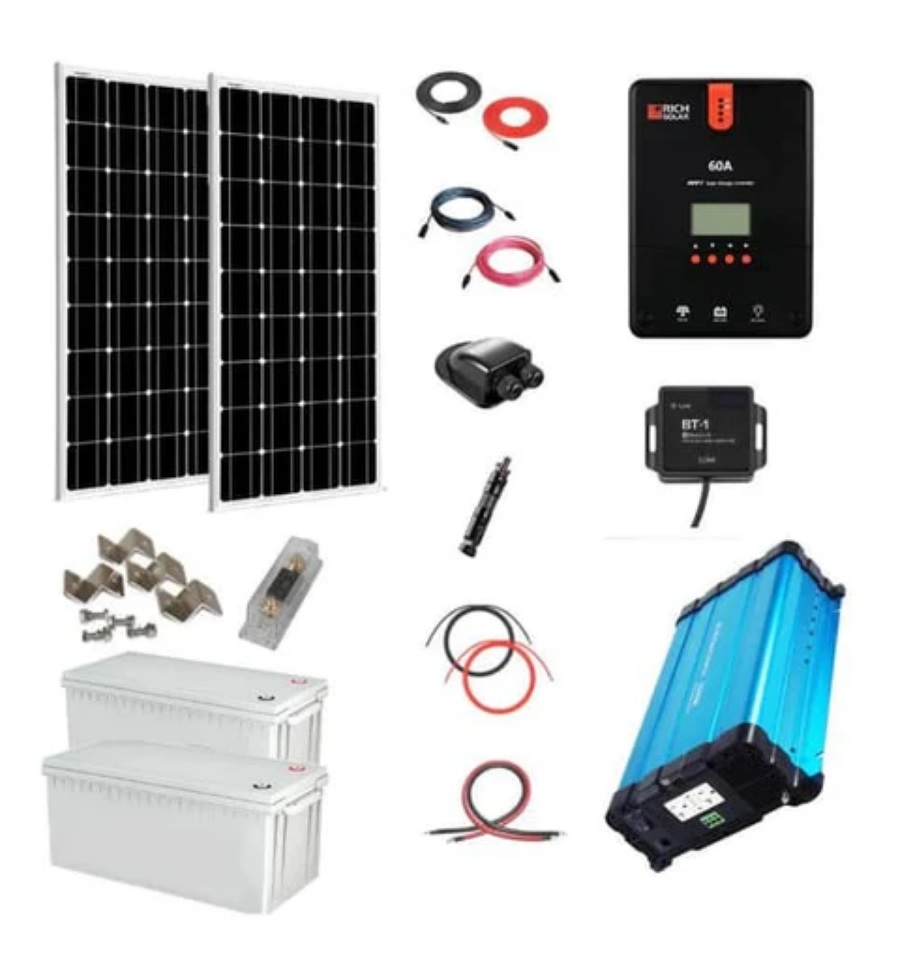 Small solar power system components, including solar panels, batteries, inverter, charge controller, cables, and mounting hardware.