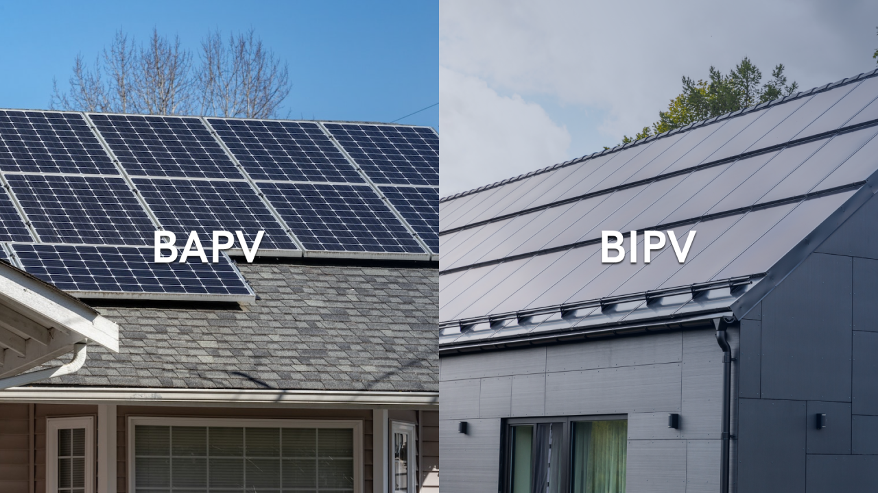 Images of two rooftop systems - BIPV (Building-Integrated Photovoltaics) and BAPV (Building-Applied Photovoltaics)